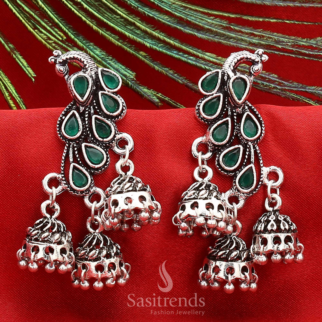 Oxidised Green Peacock Earrings With Triple Jhumka Danglers And Faceted Stone Feathers, Regal Traditional Jewellery Designed For Women’s Festive Style – Sasitrends