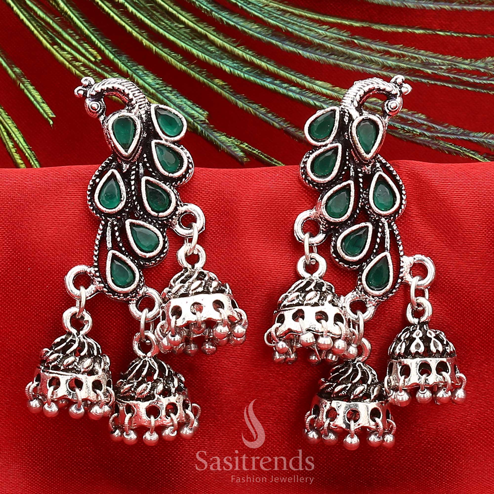 Oxidised Green Peacock Earrings With Triple Jhumka Danglers And Faceted Stone Feathers, Regal Traditional Jewellery Designed For Women’s Festive Style – Sasitrends