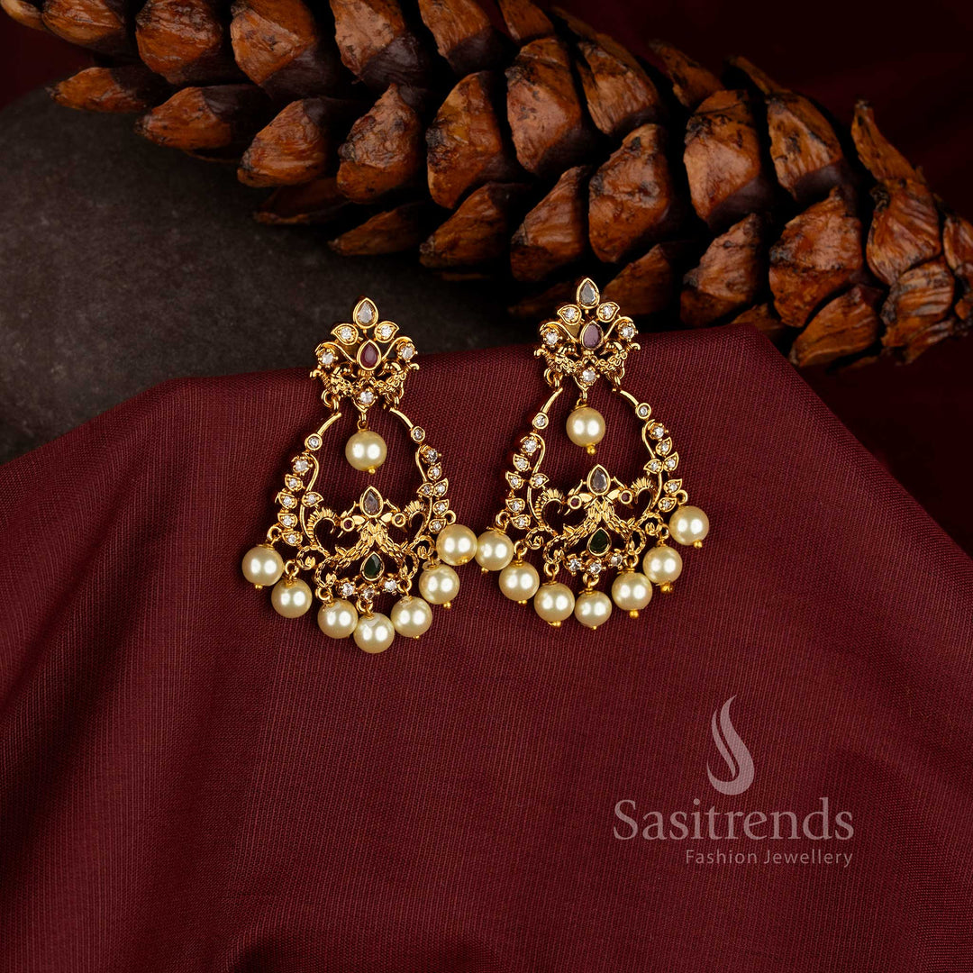 Premium Stunning Matte Gold Plated AD Stone Temple Chandbali Earrings with Pearl Drops - Sasitrends