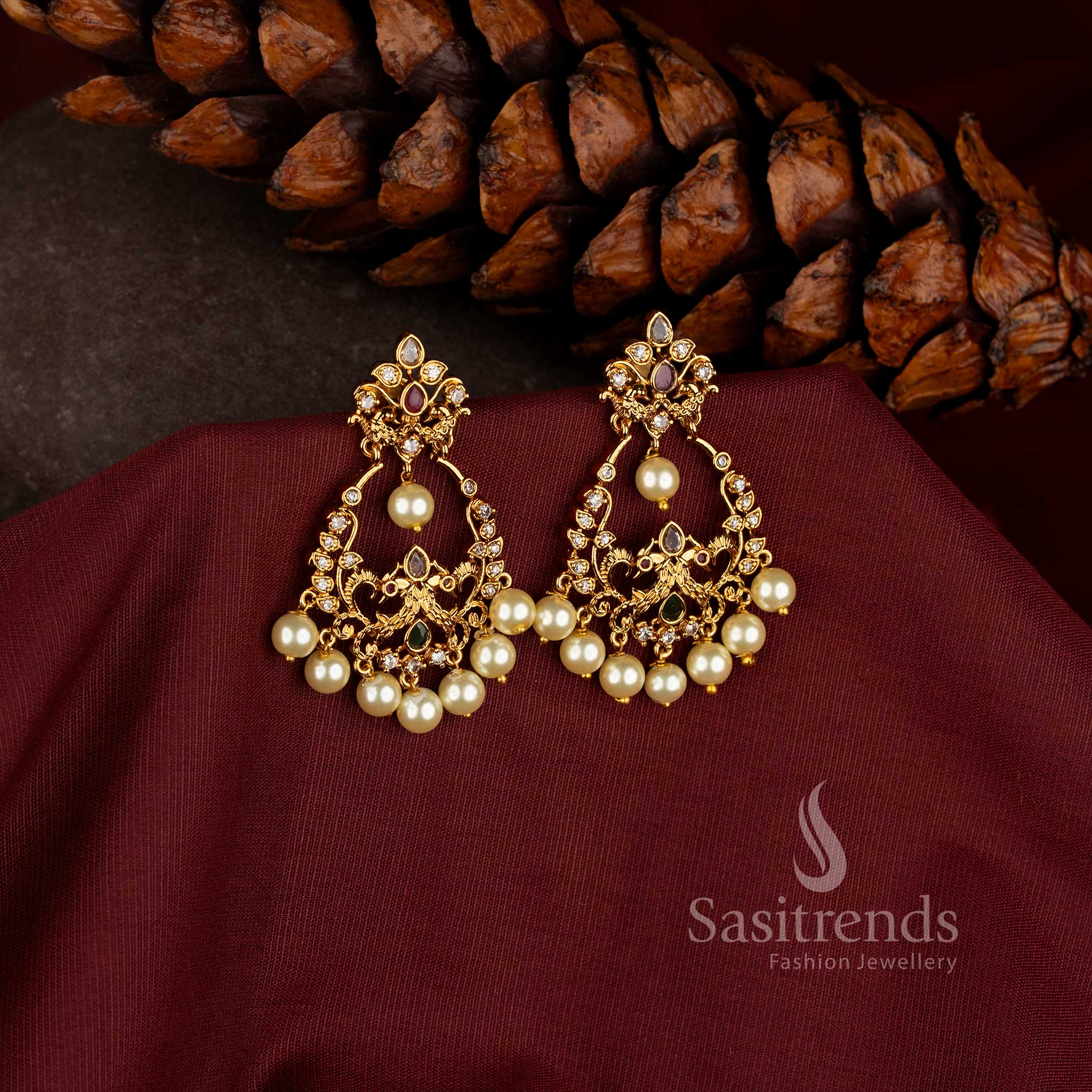 Premium Stunning Matte Gold Plated AD Stone Temple Chandbali Earrings with Pearl Drops - Sasitrends