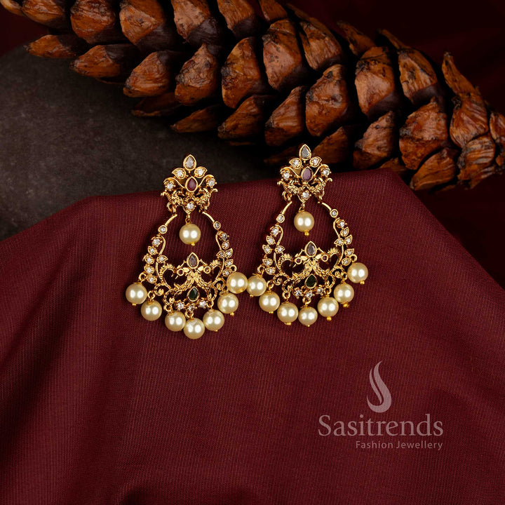 Premium Stunning Matte Gold Plated AD Stone Temple Chandbali Earrings with Pearl Drops - Sasitrends