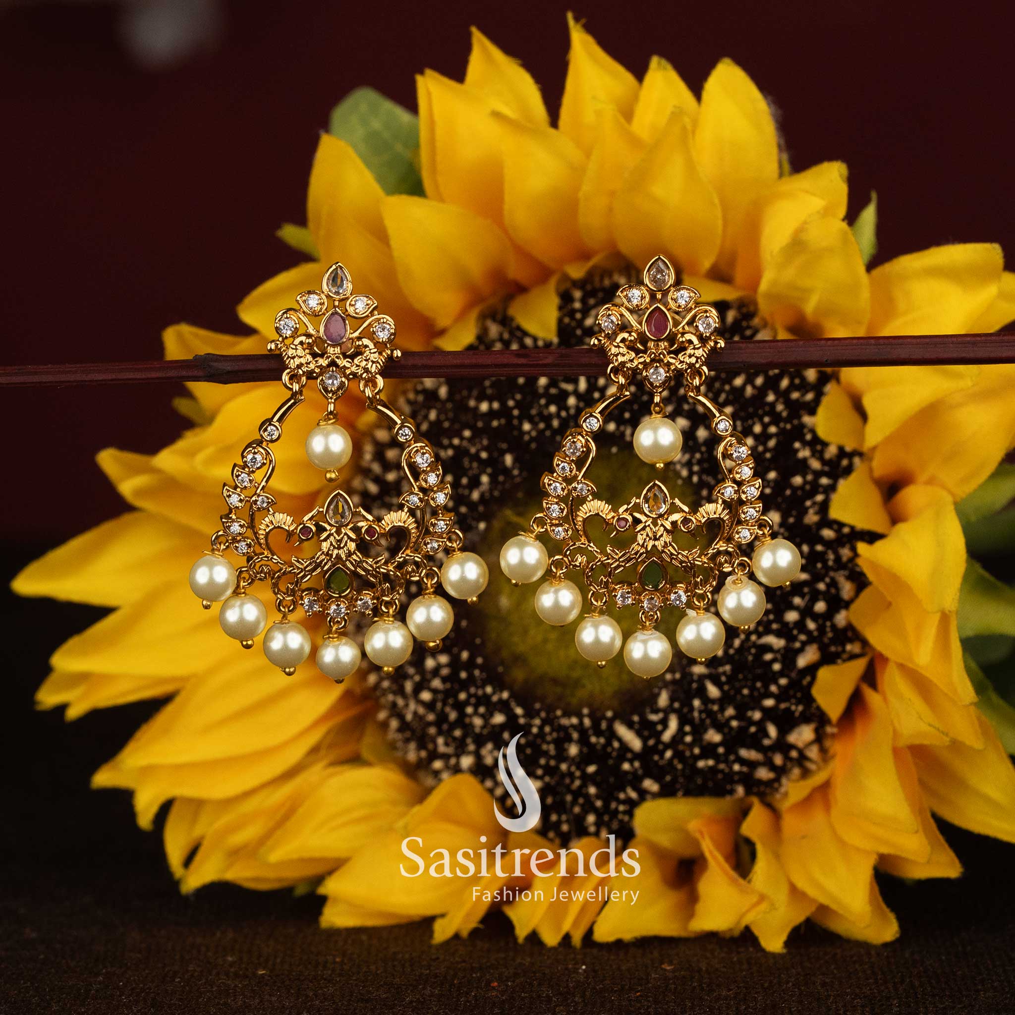 Matte Gold Plated AD Stone Temple Chandbali Earrings for Women - Sasitrends
