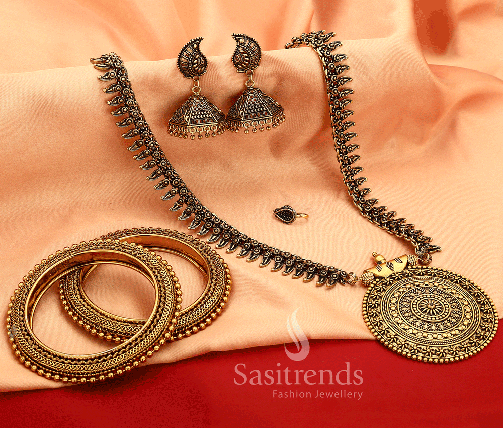 Niranjana Antique Gold Temple Design Full Jewellery Combo With Graceful Chakra Pendant, Delicate Bangles, Matching Earrings And Long Necklace – Festive Bridal Set For Women And Girls With Traditional Grandeur – Sasitrends
