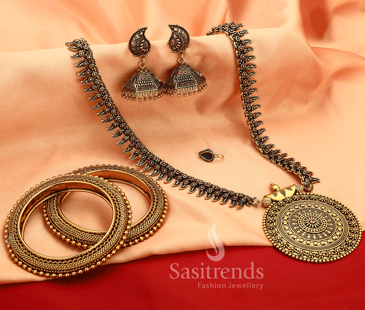 Niranjana Antique Gold Temple Design Full Jewellery Combo With Graceful Chakra Pendant, Delicate Bangles, Matching Earrings And Long Necklace – Festive Bridal Set For Women And Girls With Traditional Grandeur – Sasitrends