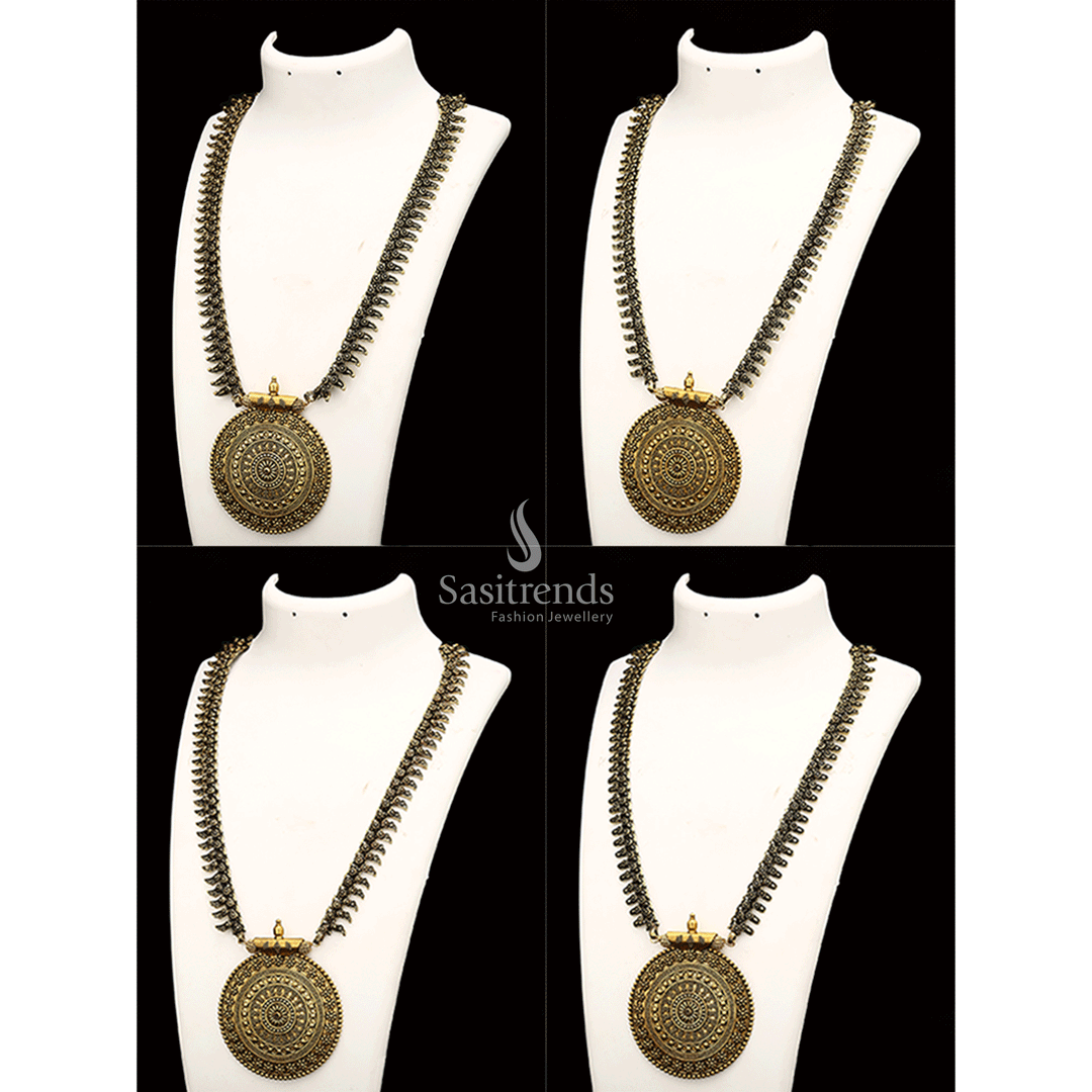 Niranjana Antique Gold Chakra Pendant Long Haram Necklace For Women And Girls – Regal Temple Jewellery With Grand Traditional Appeal For Weddings And Religious Functions – Sasitrends