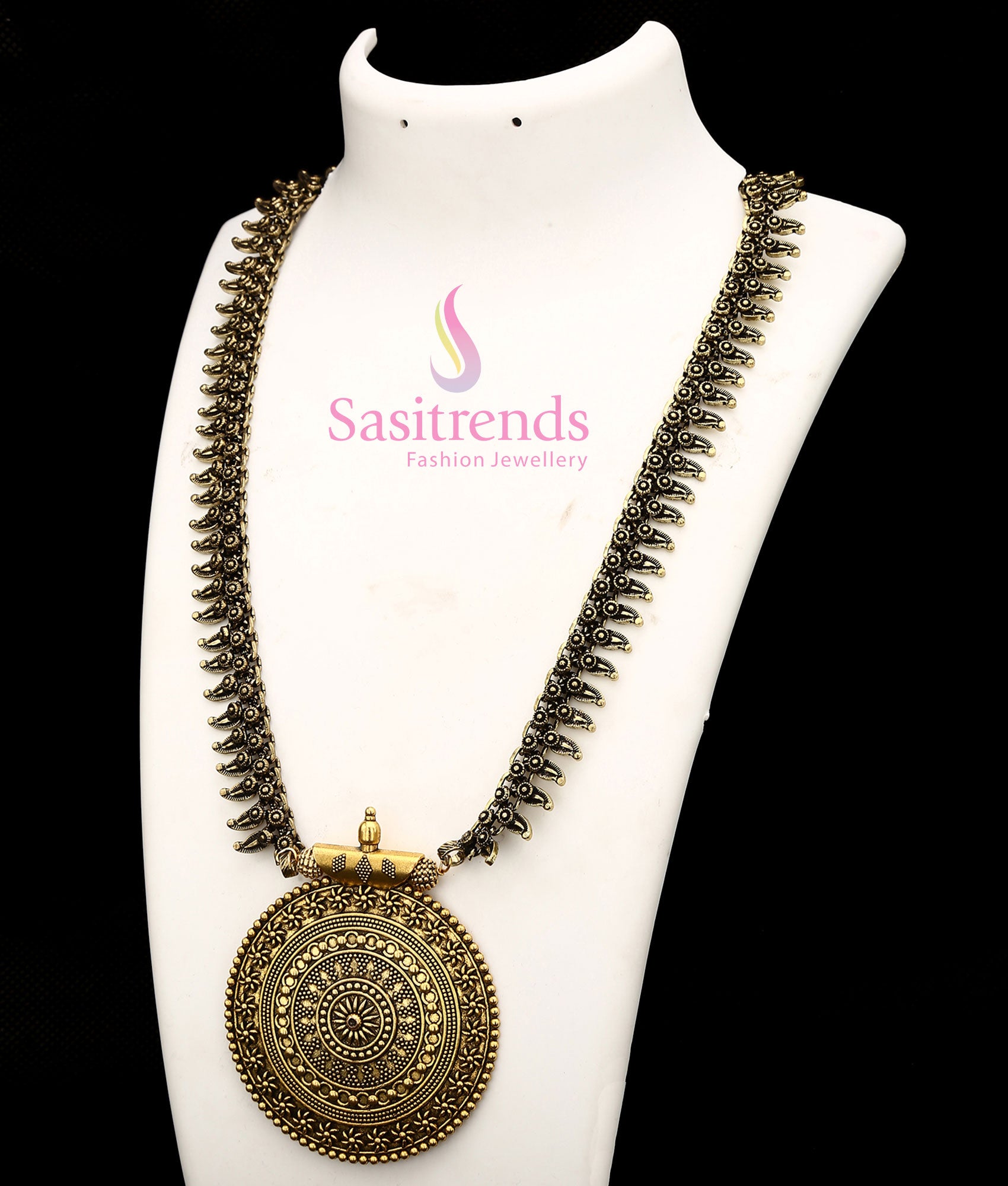 Niranjana Oxidised Chakra Pendant Long Haram Necklace In Antique Gold Finish, Elegant Traditional Jewellery For Girls And Women To Pair With Sarees And Ethnic Outfits – Sasitrends