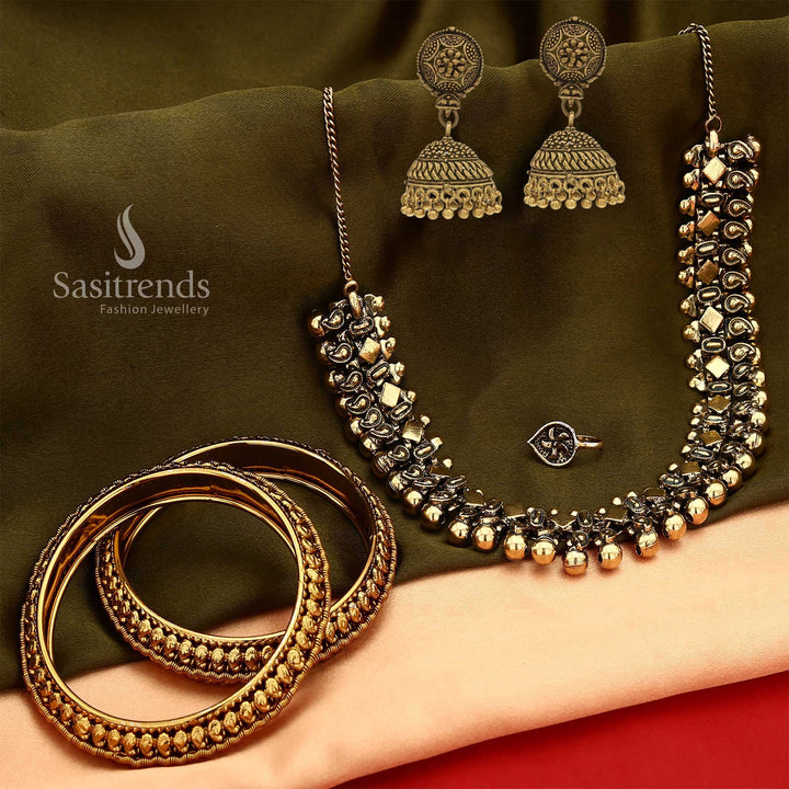 Haara antique gold plated temple jewellery set with classic mango bangles and an ornamental floral choker, exuding regal traditional elegance for ceremonial occasions – Sasitrends