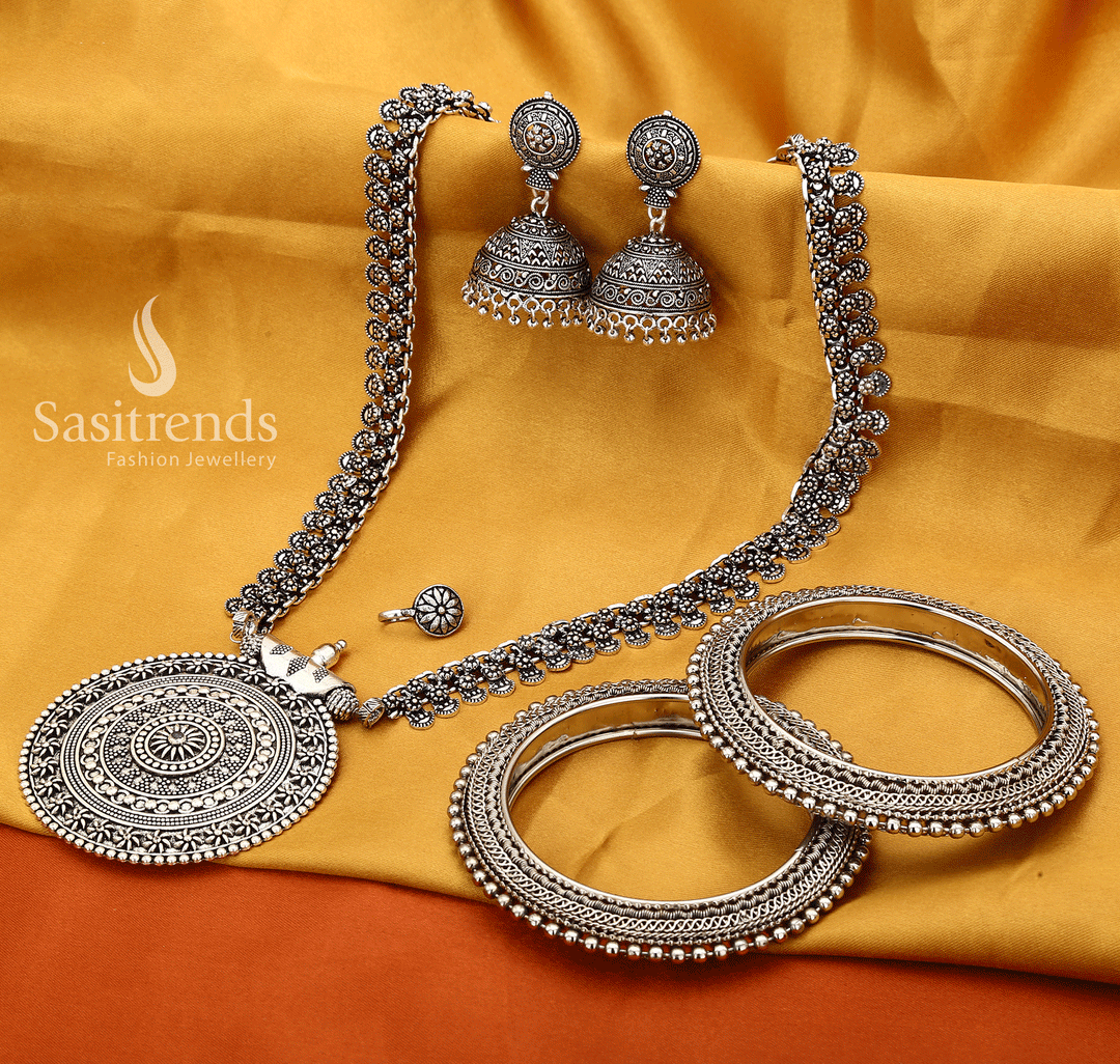 Niranjana Oxidised Silver Complete Jewellery Set Featuring Chakra Pendant, Designer Bangles, Matching Earrings And Long Chain – Traditional Vintage Design Perfect For Festive And Ethnic Wear For Women And Girls – Sasitrends