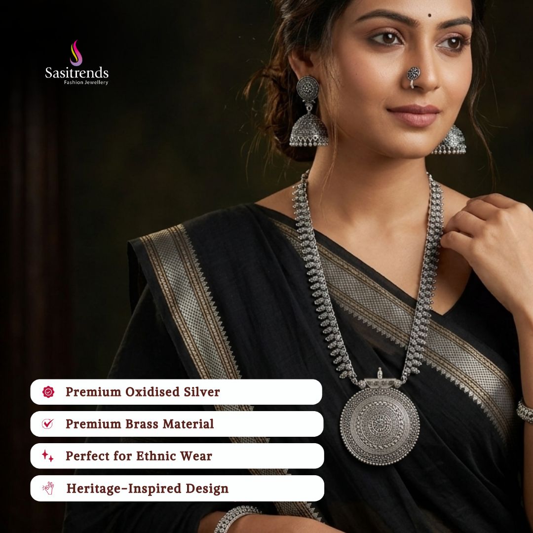 Oxidised silver plated earrings necklace set image - Sasitrends