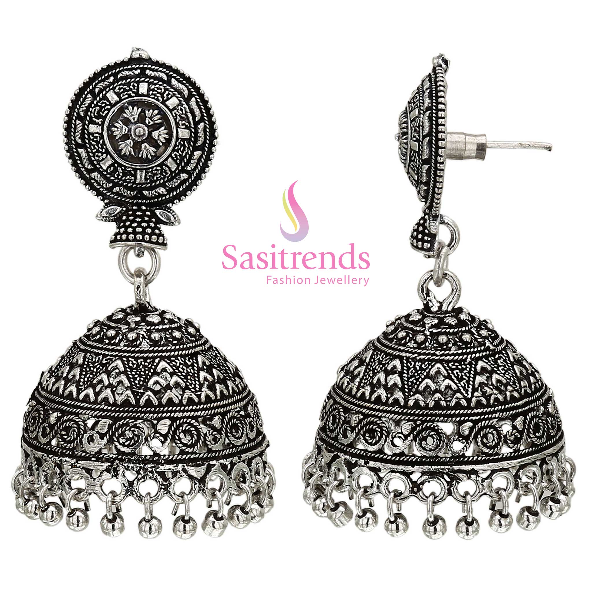 Timeless regal Niranjana traditional handcrafted gold toned jhumka earrings adorned with classic kemp stones and delicate pearl hangings – perfect bridal wear jewellery exuding royal ethnic charm – Sasitrends