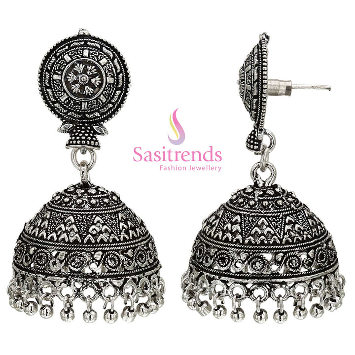 Timeless regal Niranjana traditional handcrafted gold toned jhumka earrings adorned with classic kemp stones and delicate pearl hangings – perfect bridal wear jewellery exuding royal ethnic charm – Sasitrends