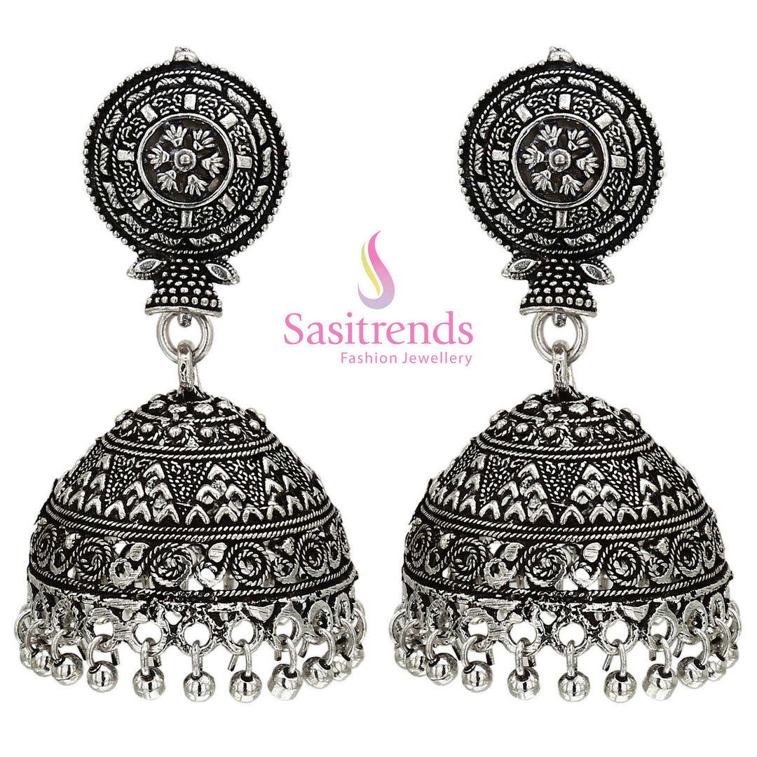 Heritage glory Niranjana traditional matte gold plated temple style jhumka earrings featuring intricate floral motifs and graceful drop embellishments – ideal festive wear jewellery with timeless ethnic beauty – Sasitrends