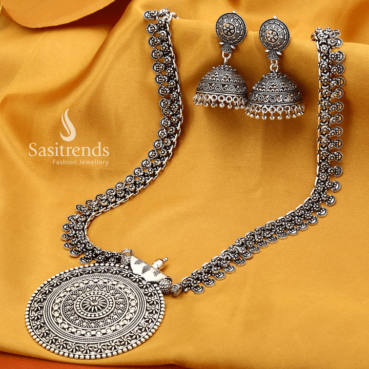 Sasitrends Traditional Niranjana Chakra Pendant Oxidised Long Jewellery Set with Jhumka  for Women & Girls