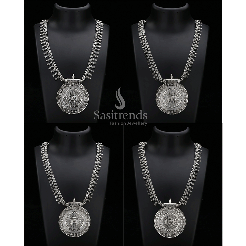 Classic Oxidised Silver Niranjana Chakra Pendant Long Haram Jewellery Set For Women And Girls – Vintage Bohemian Style Perfect For Festivals, Gatherings And Daily Traditional Wear – Sasitrends

