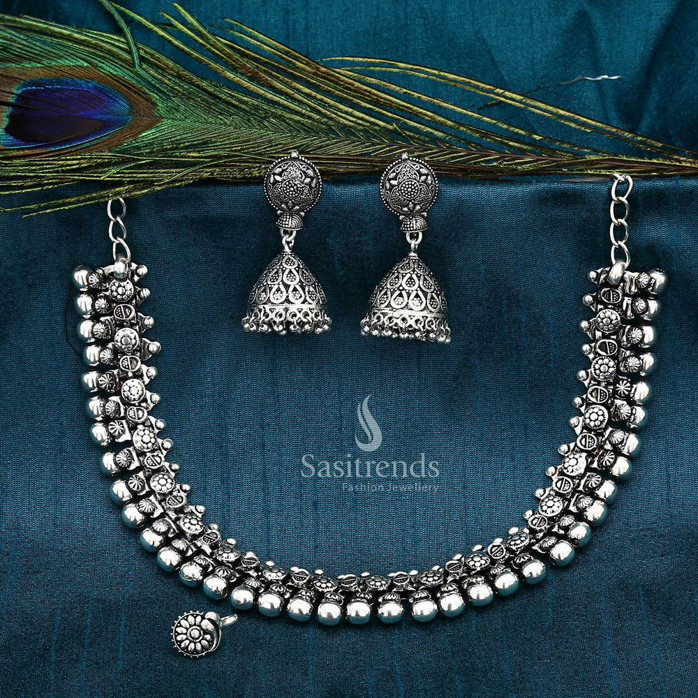 Mystique tribal haara oxidised silver nosepin jewellery set detailed with etched floral studs and a rustic boho charm, perfect for fusion fashion and contemporary ethnic flair – Sasitrends