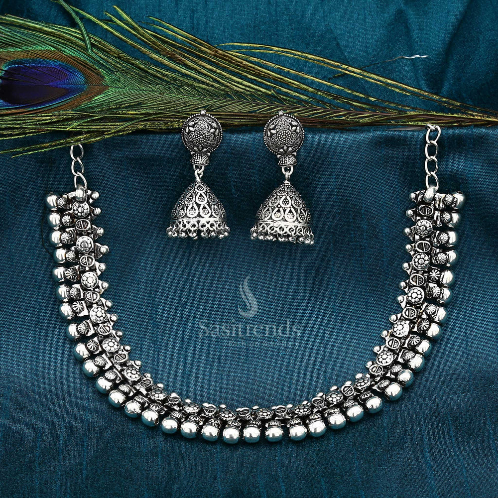 Artisanal oxidised Haara jewellery set featuring a handcrafted long necklace and intricately detailed jhumkas – a bold statement ensemble perfect for temple occasions, tribal fusion styling, and traditional festivals – Sasitrends