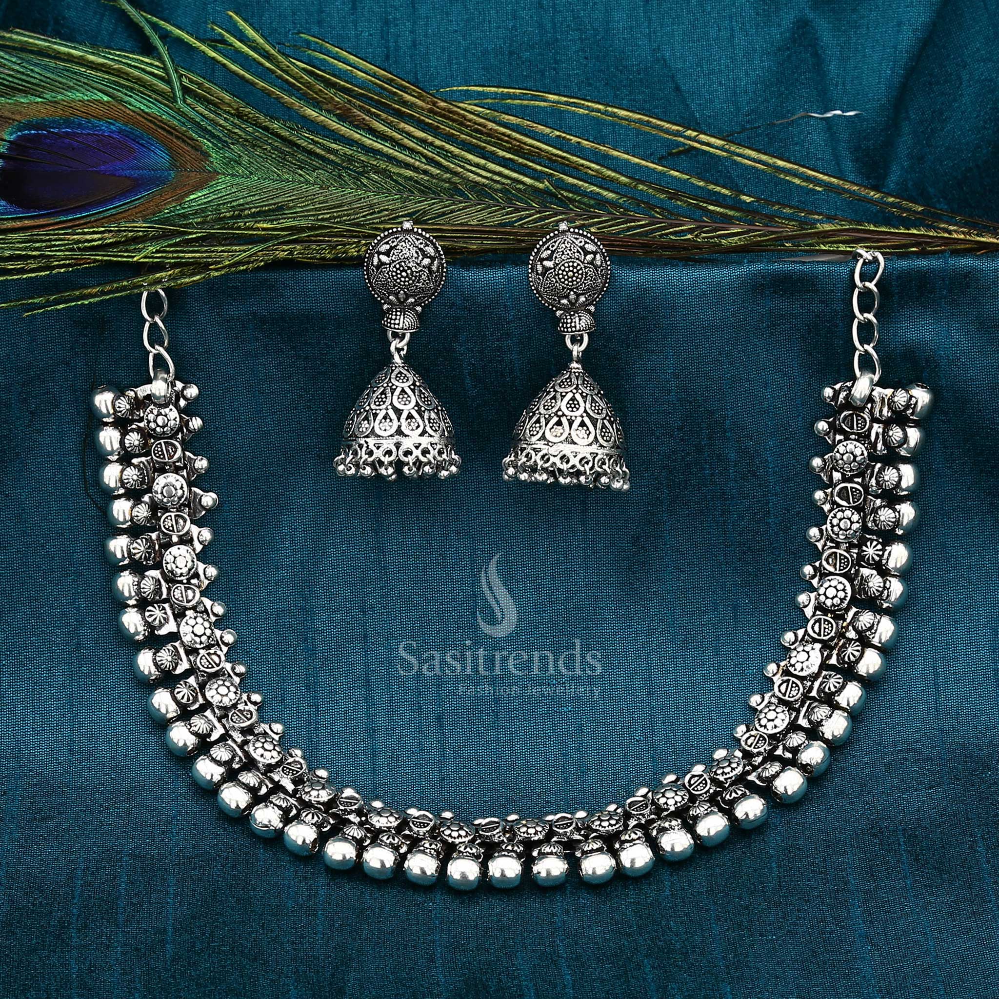 Artisanal oxidised Haara jewellery set featuring a handcrafted long necklace and intricately detailed jhumkas – a bold statement ensemble perfect for temple occasions, tribal fusion styling, and traditional festivals – Sasitrends