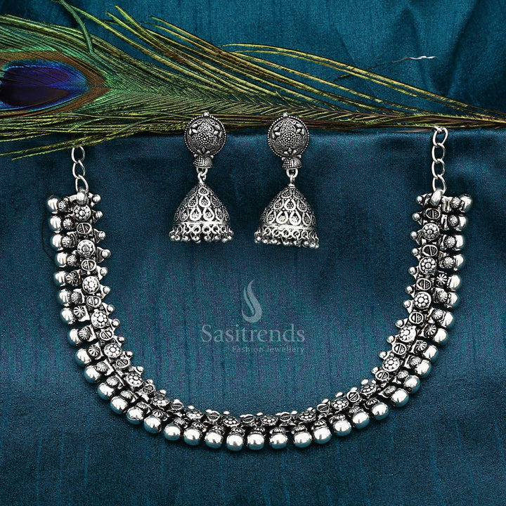 Artisanal oxidised Haara jewellery set featuring a handcrafted long necklace and intricately detailed jhumkas – a bold statement ensemble perfect for temple occasions, tribal fusion styling, and traditional festivals – Sasitrends