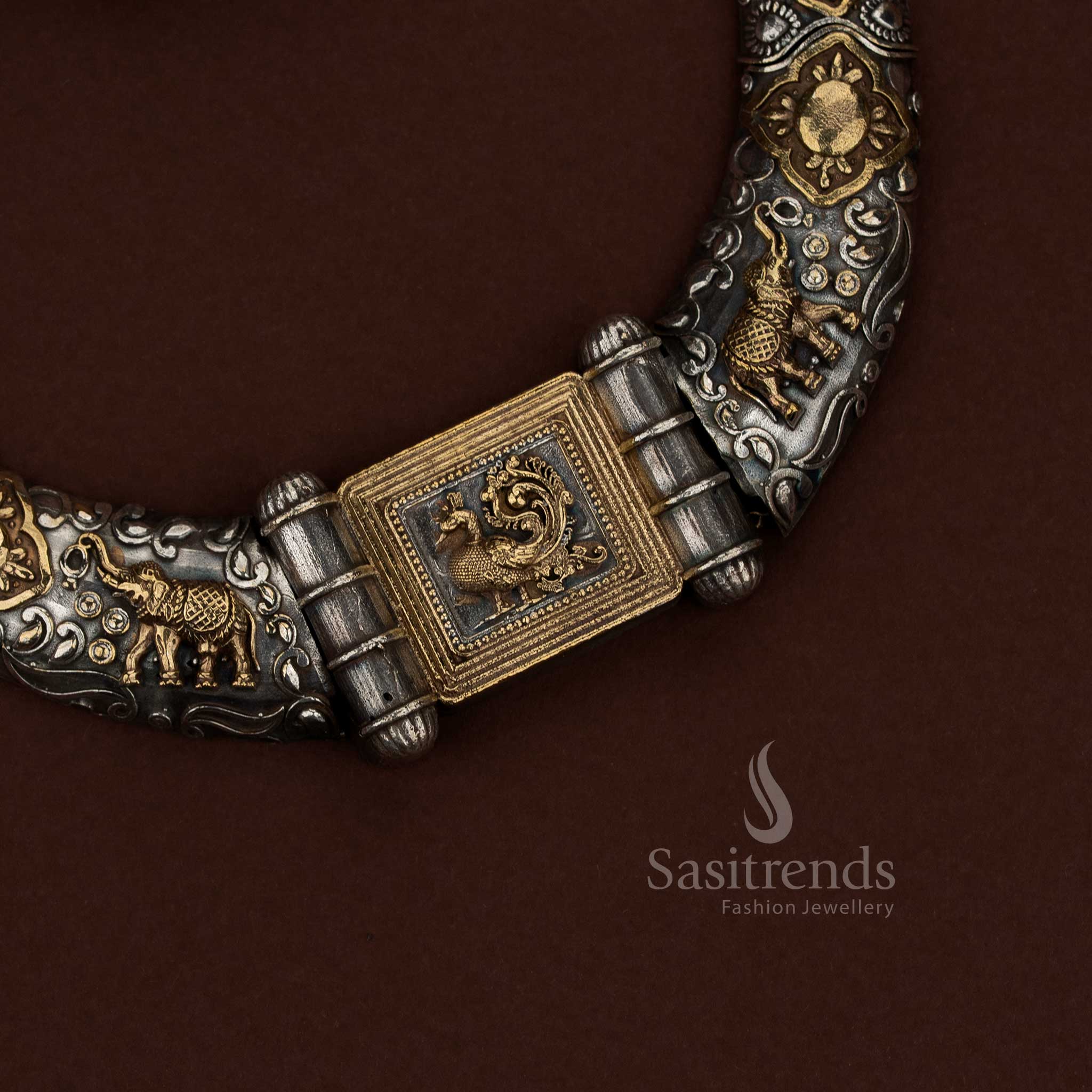  92.5 dual tone silver oxidised husli necklace set with peacock and elephant nakshi – Sasitrends