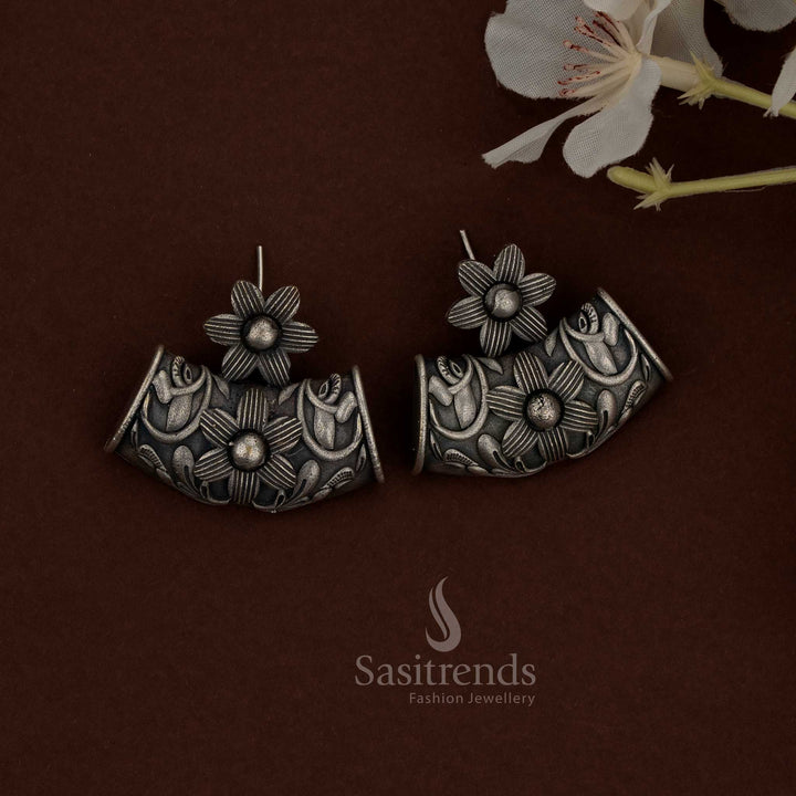 Exquisite 92.5 Silver Oxidised Plated Floral Tribal Earrings Jewellery Set folk dance events Sasitrends