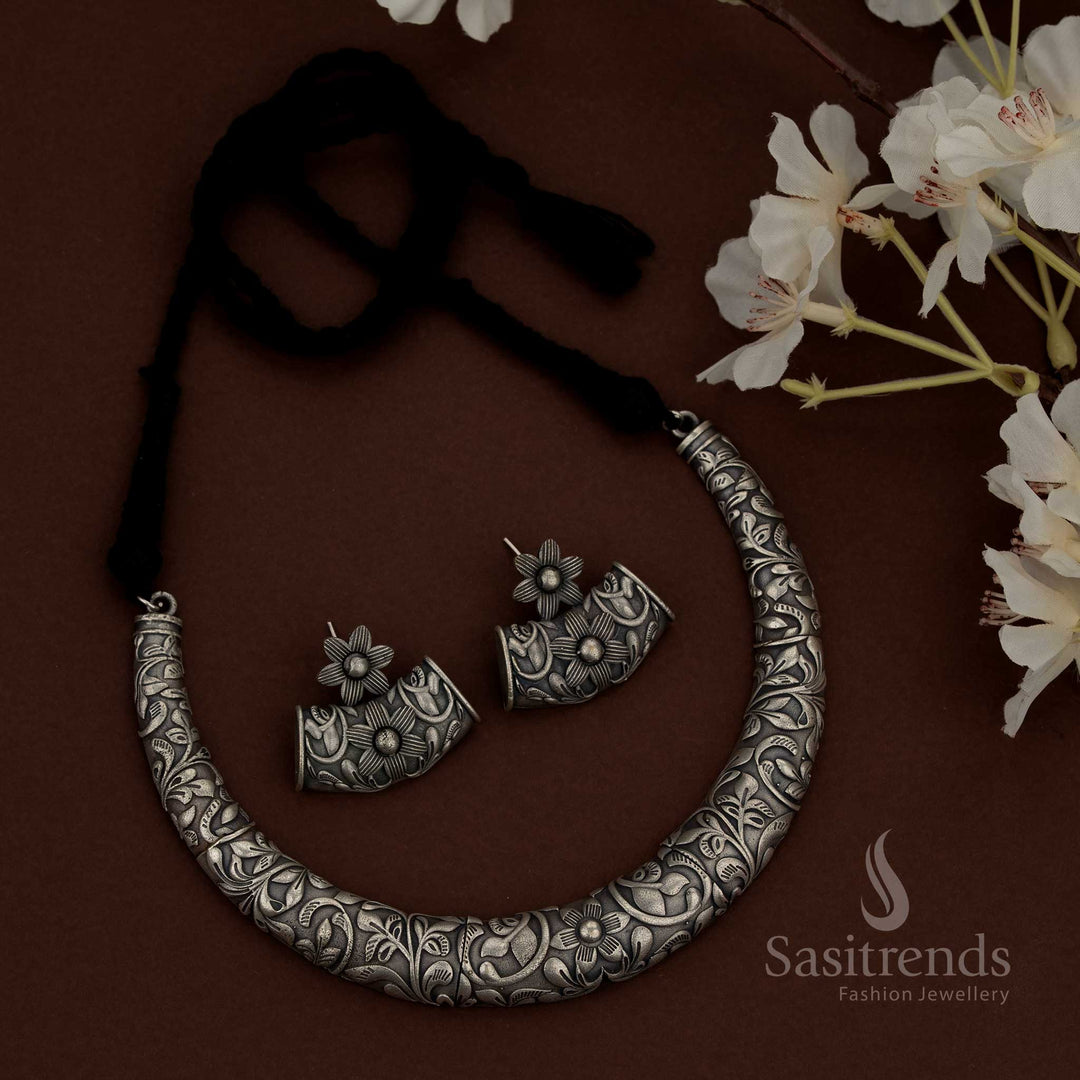 Elegant 92.5 Silver Oxidised Plated Floral Tribal Husli Necklace Jewellery Set traditional dance programs Sasitrends