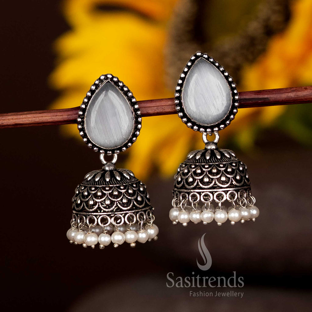 Stunning Oxidised Jhumka Earrings With White Teardrop Faceted Stud And Pearl Fringe – Designer Festive Jewellery Sasitrends