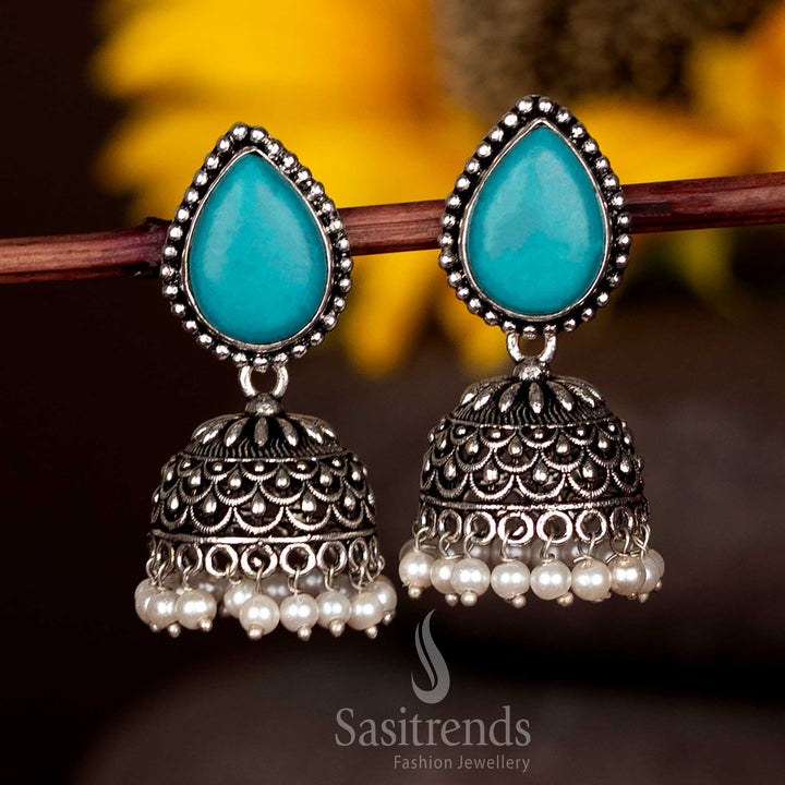 Charming Oxidised Jhumka Earrings With Sky Blue Teardrop Faceted Stud And Pearl Fringe – Artisan Traditional Jewellery Sasitrends