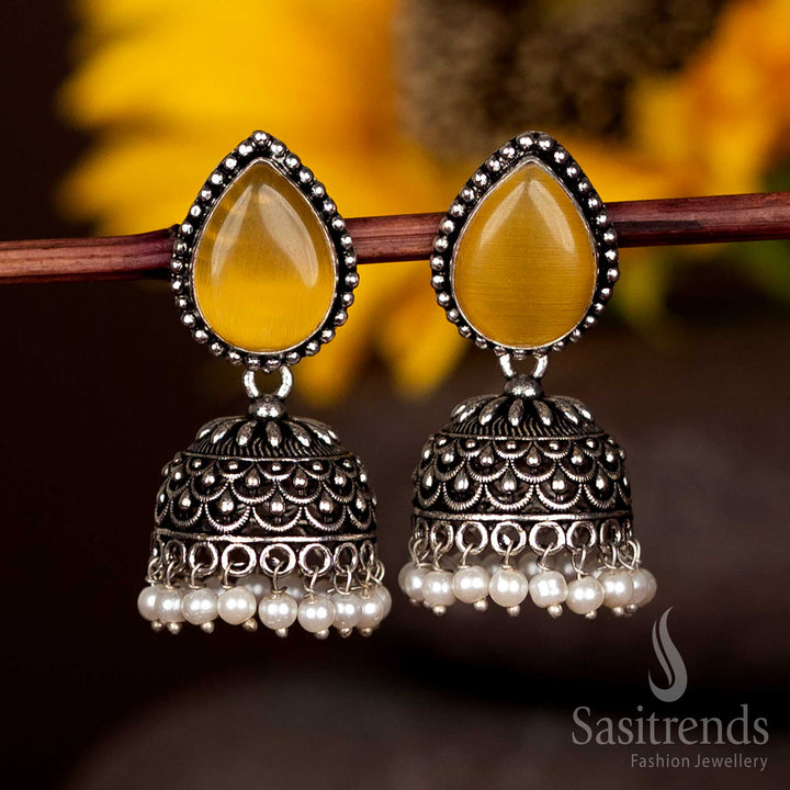 Graceful Oxidised Jhumka Earrings With Yellow Teardrop Faceted Stud And Pearl Fringe – Designer Festive Jewellery Sasitrends