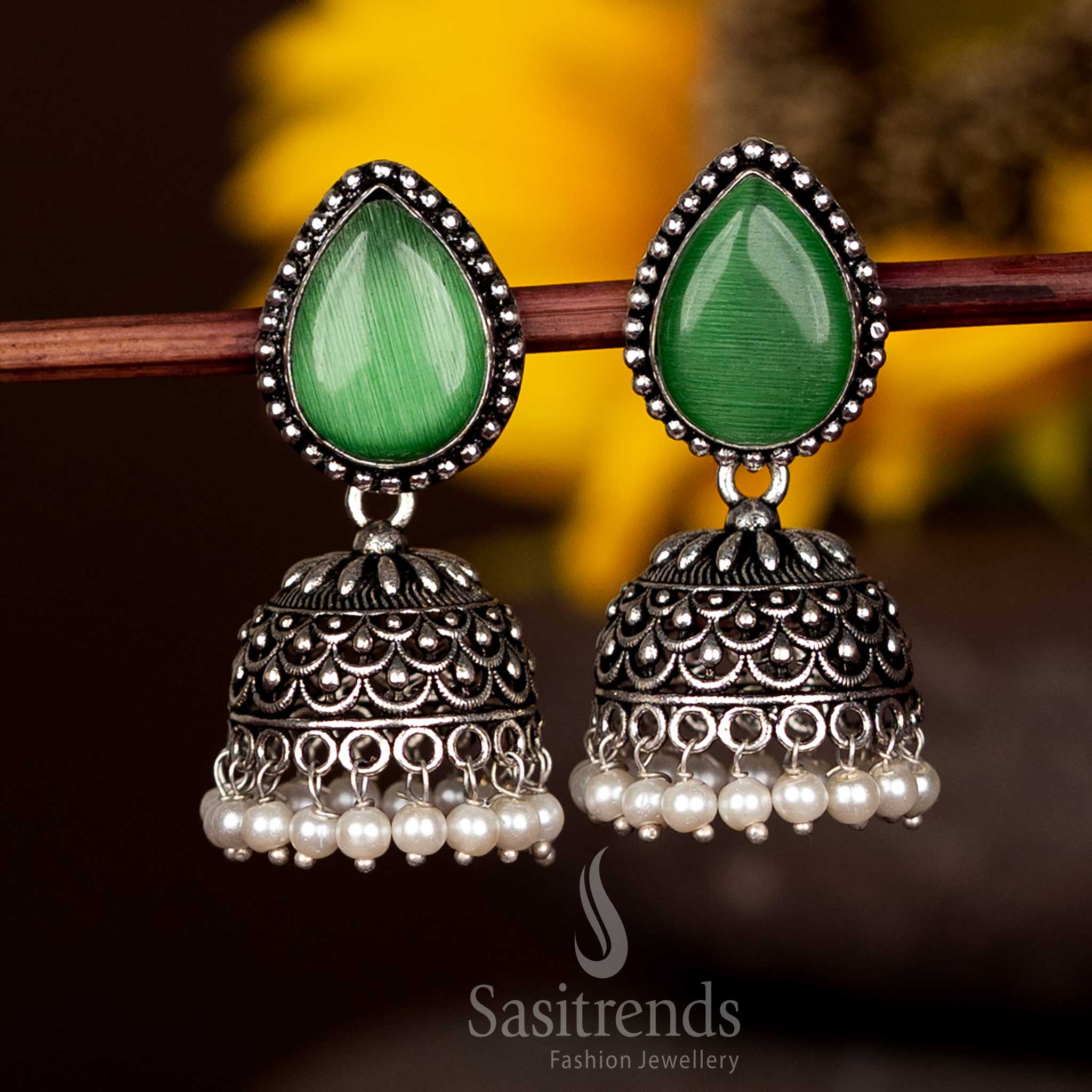 Charming Oxidised Jhumka Earrings With Light Green Teardrop Faceted Stud And Pearl Fringe – Classic Fusion Jewellery Sasitrends