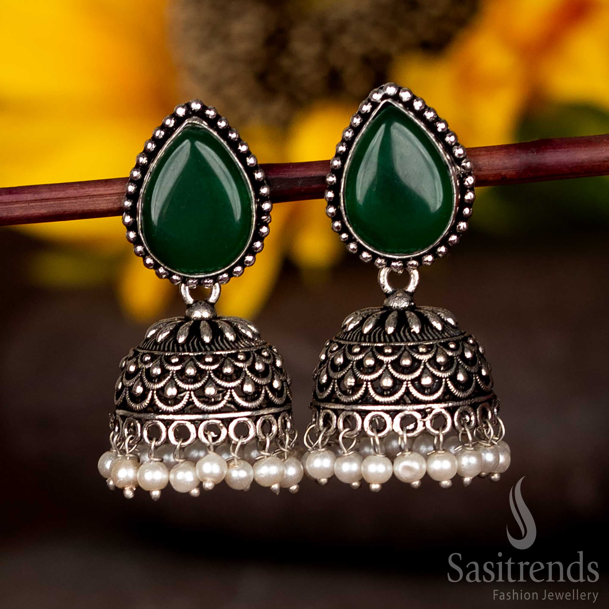 Elegant Oxidised Jhumka Earrings With Dark Green Teardrop Faceted Stud And Pearl Fringe – Traditional Fusion Jewellery Sasitrends