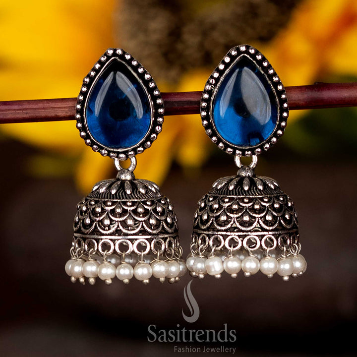 Grand Oxidised Jhumka Earrings With Dark Blue Teardrop Faceted Stud And Pearl Fringe – Traditional Designer Jewellery Sasitrends