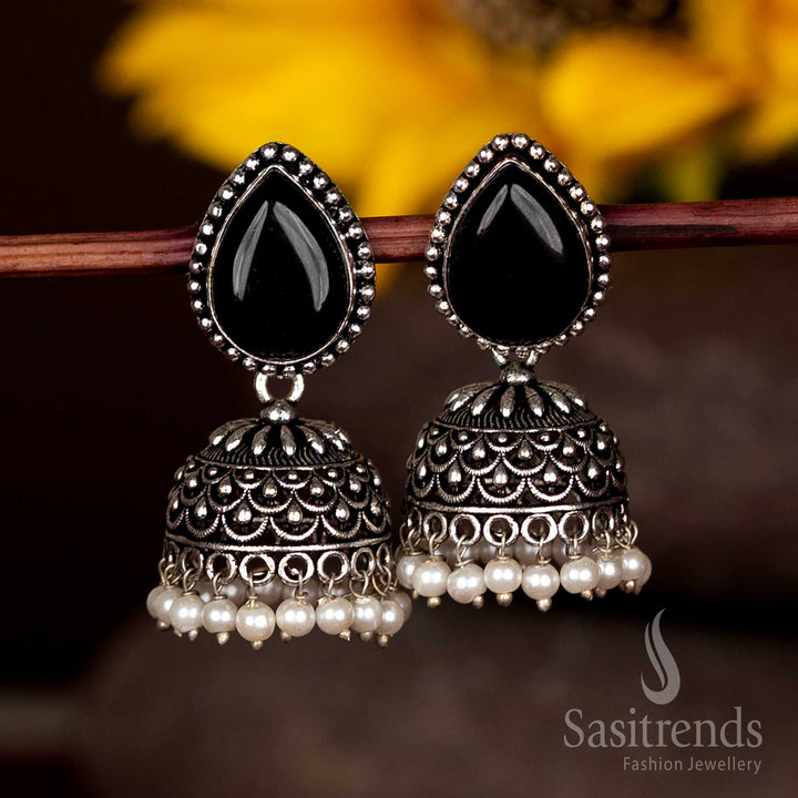 Majestic Oxidised Jhumka Earrings With Black Teardrop Faceted Stud And Pearl Fringe – Statement Fusion Jewellery Sasitrends