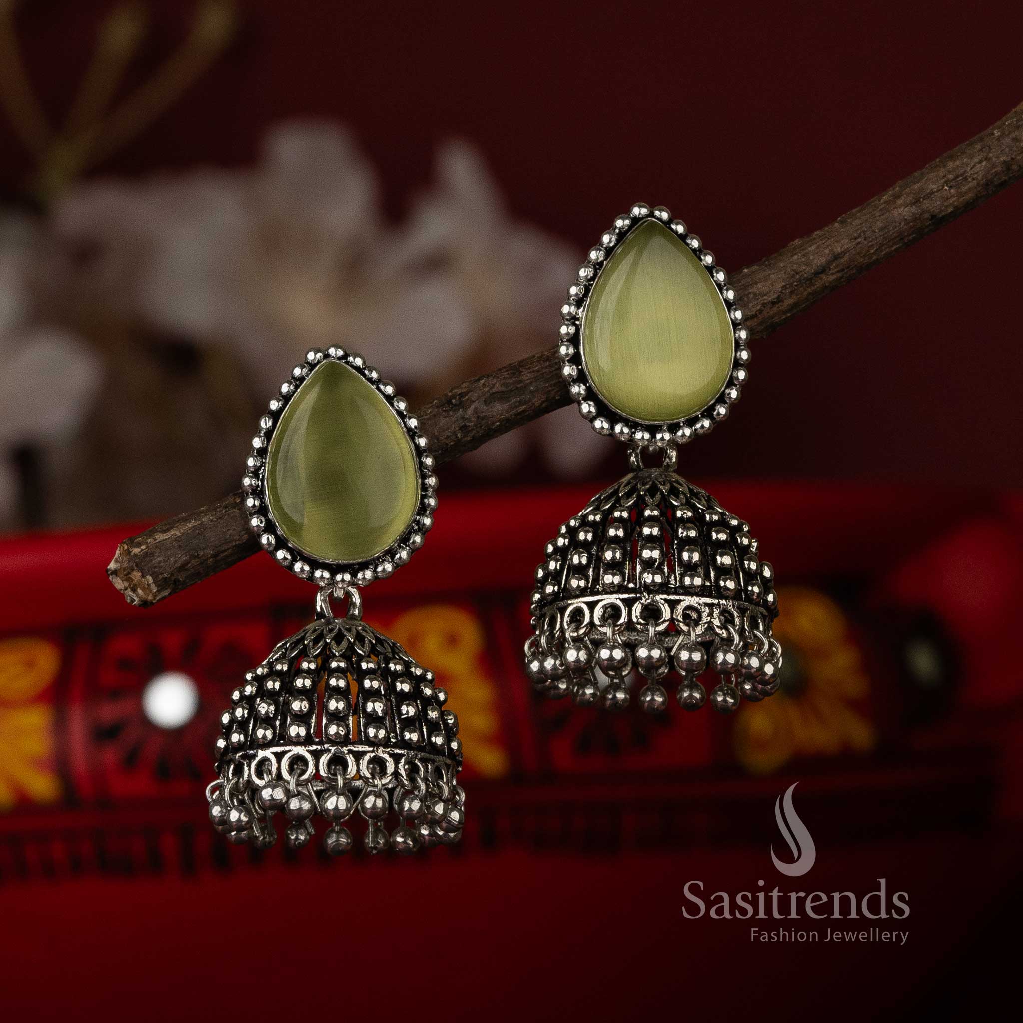 Chic Parrot Green Monalisa Stone Stud Oxidised Jhumka Earrings Navarathiri Elegance Sasitrends Online Shopping