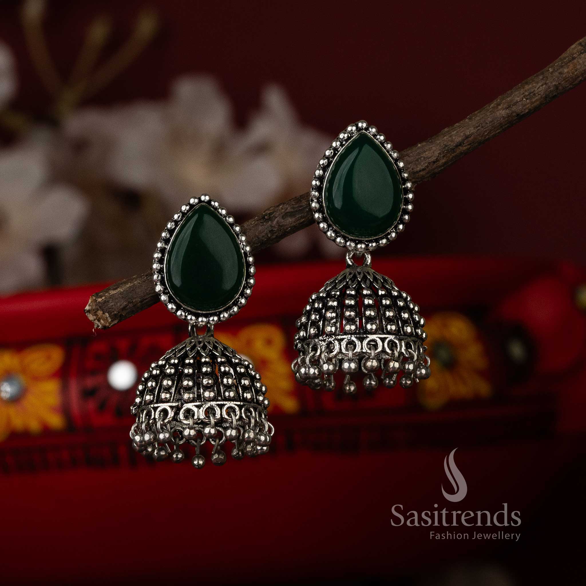 Dark Green Monalisa Stone Oxidised Jhumka Earrings for Traditional Festivities