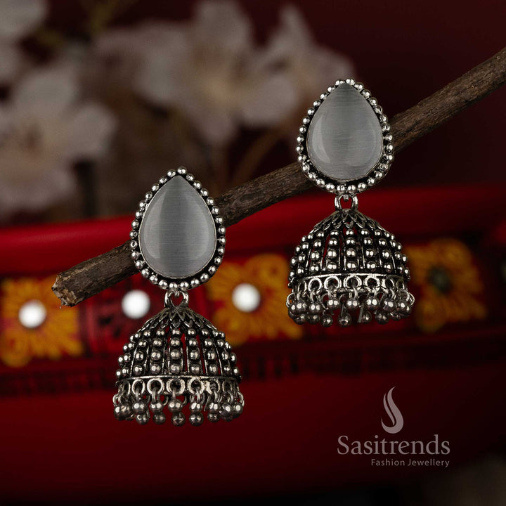 Elegant Water drop Gray Monalisa Oxidised Jhumka Earrings for Navarathiri