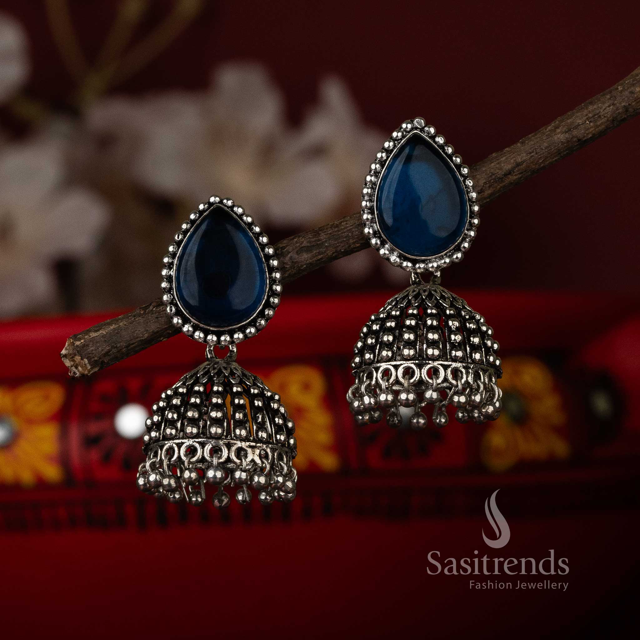 Royal Blue Monalisa Stone Oxidised Jhumka Earrings for Festive Seasons