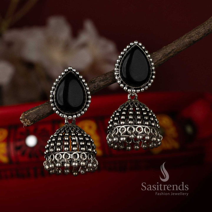 Sophisticated Black Teardrop Stone Oxidised Jhumka Earrings