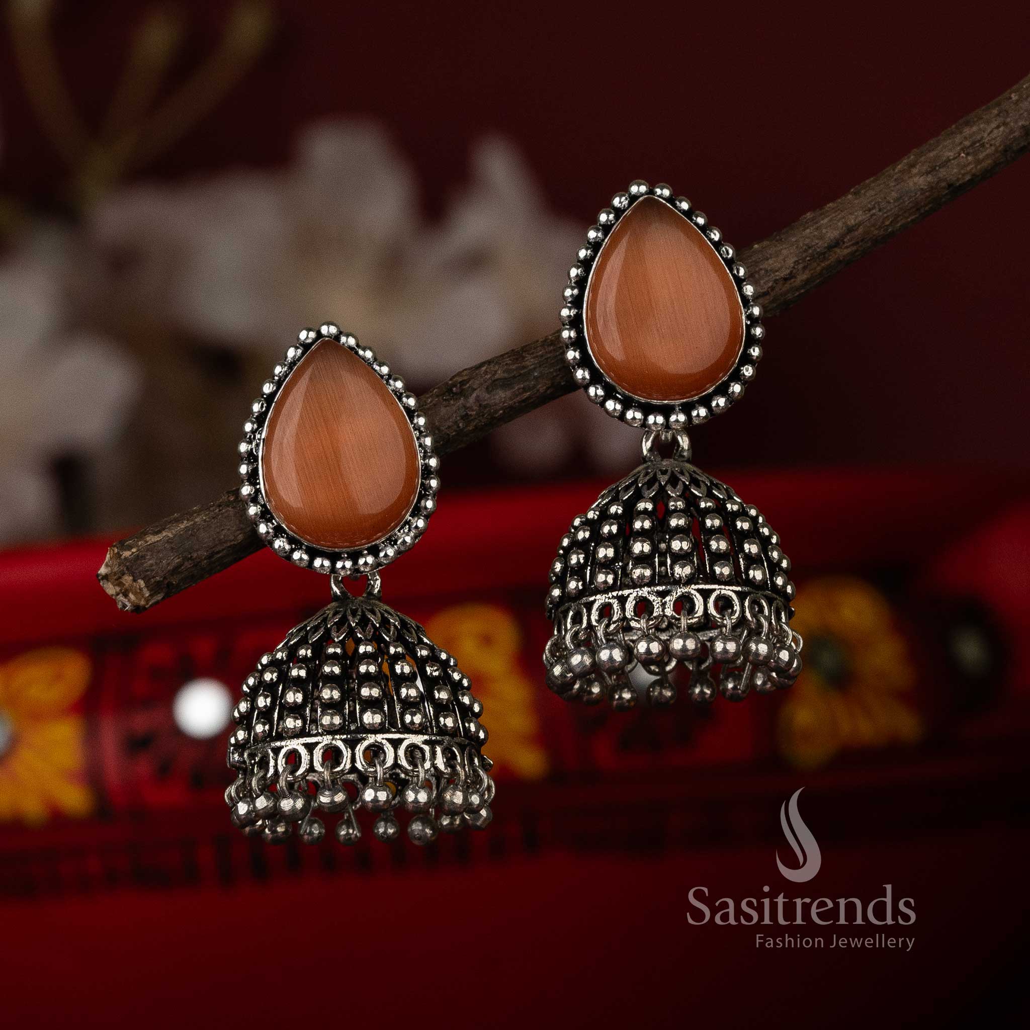 Peach Monalisa Stone Oxidised Jhumka Earrings Ideal for Wedding Celebrations
