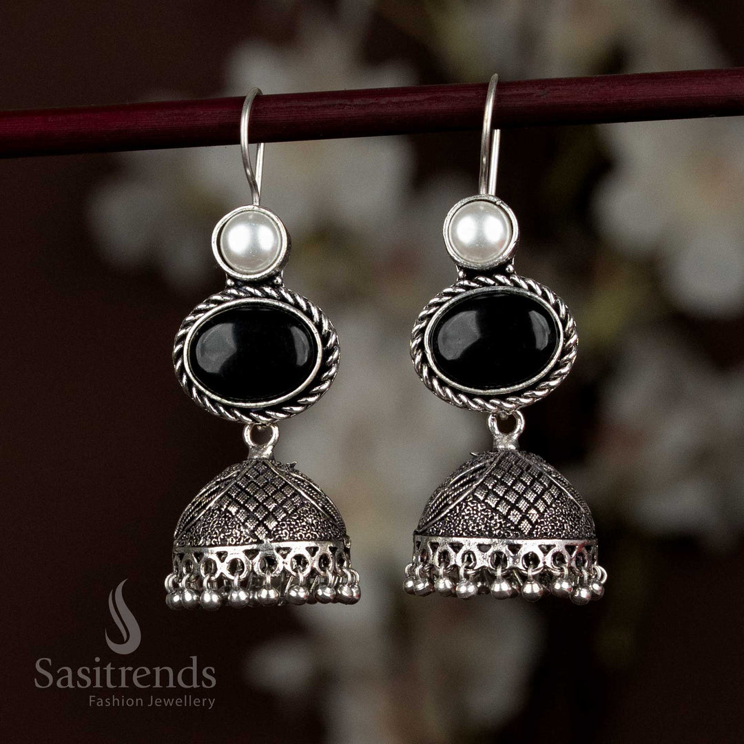 Striking Oxidised Silver Jhumka Earrings With Black Oval Stone And Classic Pearl Accents, Designed For Statement Looks With Minimal Effort – Sasitrends