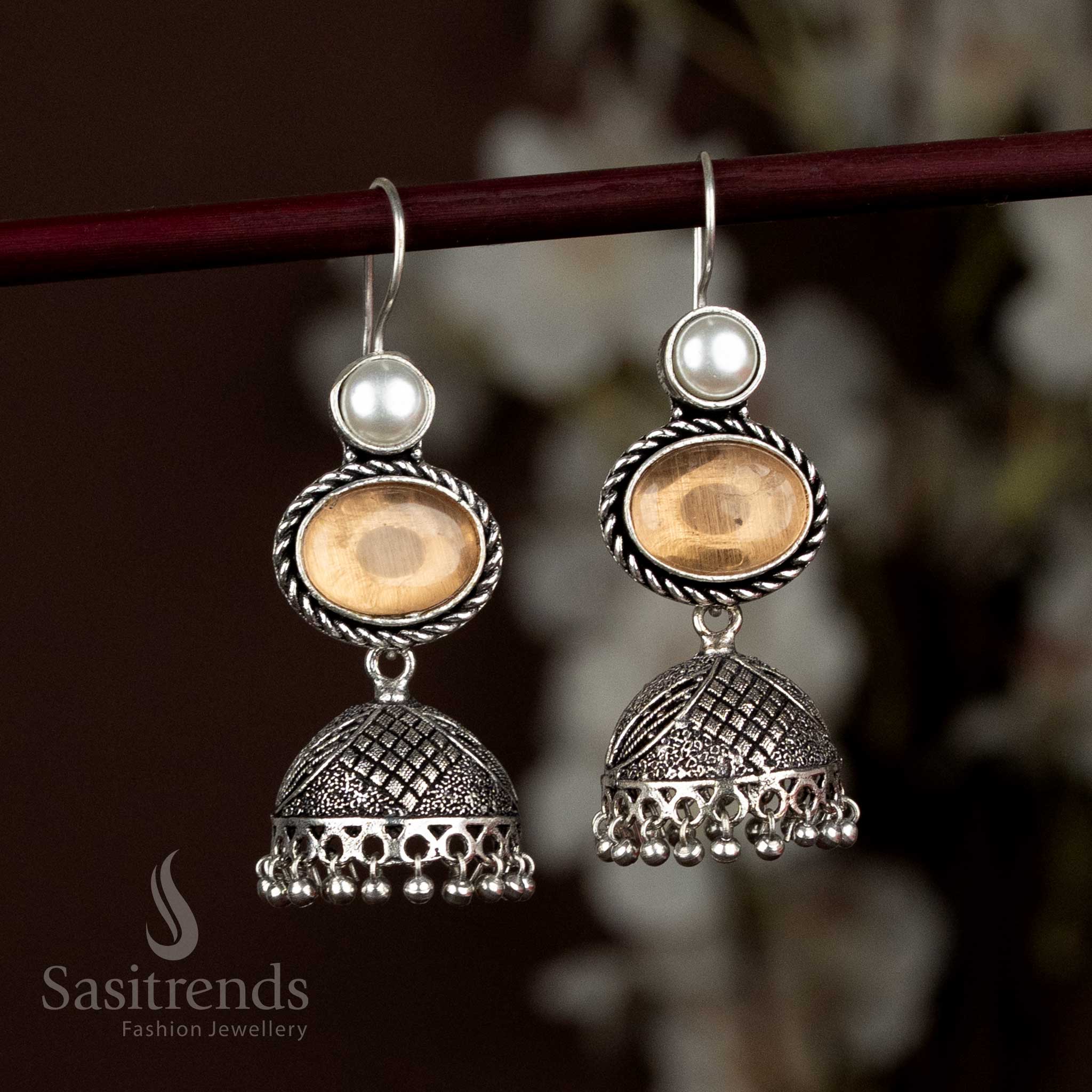 Oxidised Silver Jhumka Earrings With Soft Peach Oval Stone And Pearl Fringe Drop Elegance, Perfect For Light Pastel Ensembles And Feminine Styling – Sasitrends

