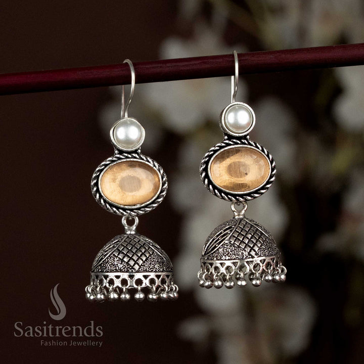Oxidised Silver Jhumka Earrings With Soft Peach Oval Stone And Pearl Fringe Drop Elegance, Perfect For Light Pastel Ensembles And Feminine Styling – Sasitrends

