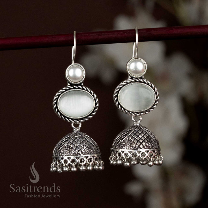 Elegant Oxidised Silver Jhumka Earrings Adorned With White Oval Stone And Minimalist Pearl Tassels, A Graceful Pick For Day Or Evening Wear – Sasitrends