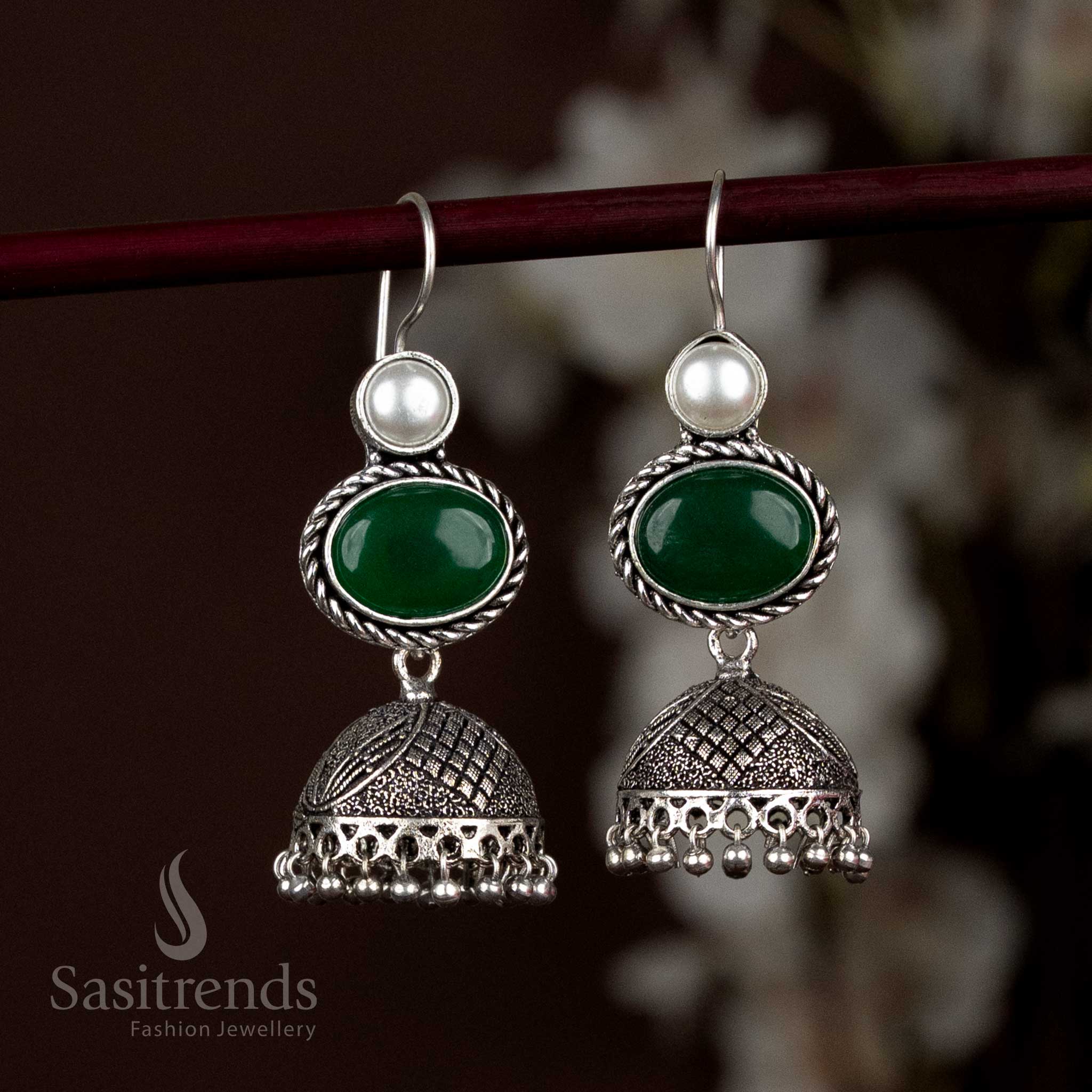 Artistic Oxidised Silver Jhumka Earrings With Green Oval Stone And Clustered Pearl Drops, Ideal For Adding Earthy Tones With Sophistication – Sasitrends