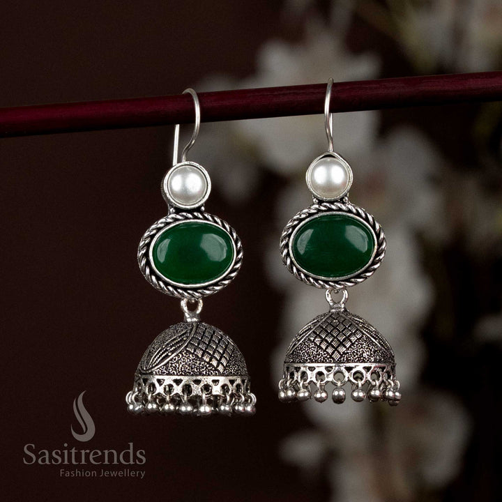 Artistic Oxidised Silver Jhumka Earrings With Green Oval Stone And Clustered Pearl Drops, Ideal For Adding Earthy Tones With Sophistication – Sasitrends
