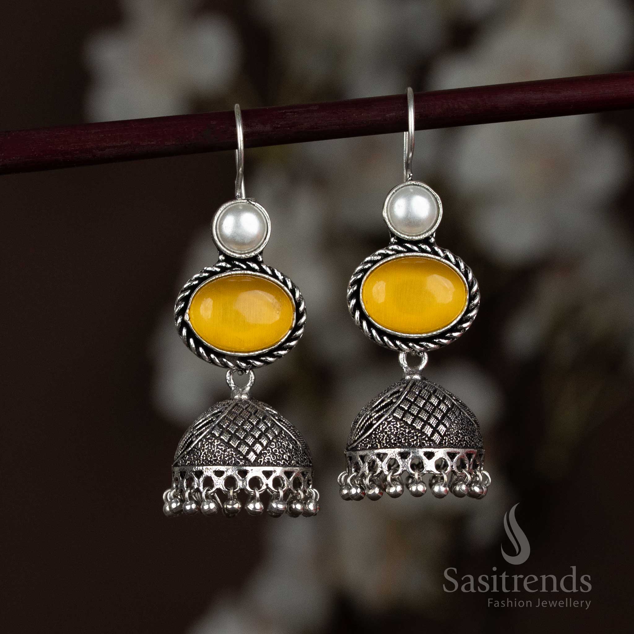 Oxidised Silver Jhumka Earrings with Pearl and Oval Stone And Dangling Pearls - Sasitrends - Sasitrends