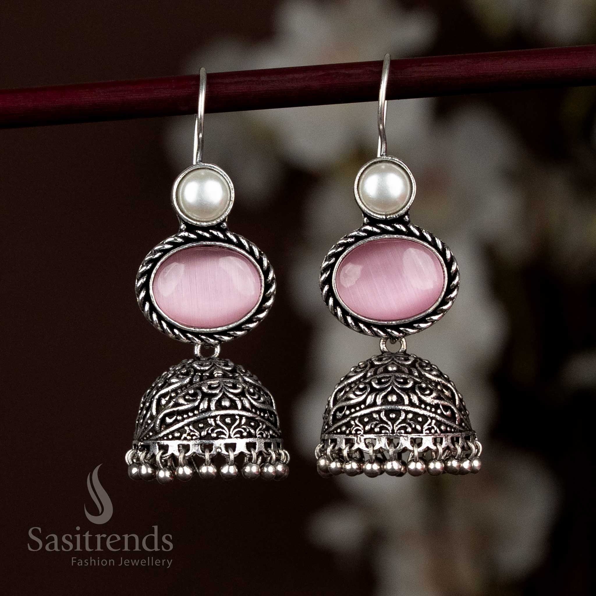 Charming Oxidised Silver Jhumka Earrings With Pink Oval Stone And Sparkling Pearl Edge Design, Adding A Romantic Twist To Everyday Jewellery – Sasitrends
