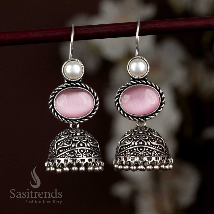 Charming Oxidised Silver Jhumka Earrings With Pink Oval Stone And Sparkling Pearl Edge Design, Adding A Romantic Twist To Everyday Jewellery – Sasitrends