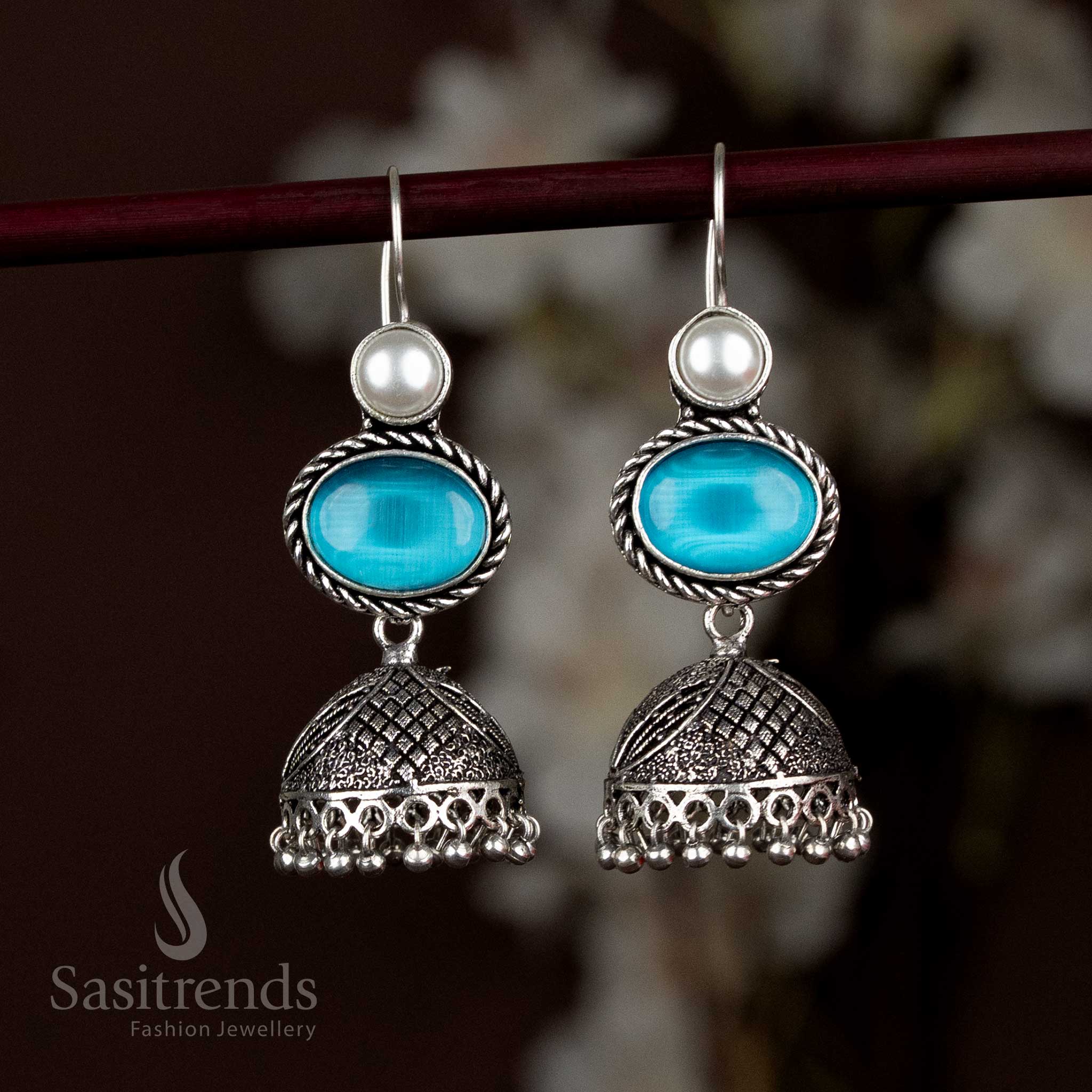 Oxidised Silver Jhumka Earrings Featuring Sky Blue Oval Stone And Dangling Pearls, Bringing A Cool, Airy Vibe To Your Ensemble – Sasitrends
