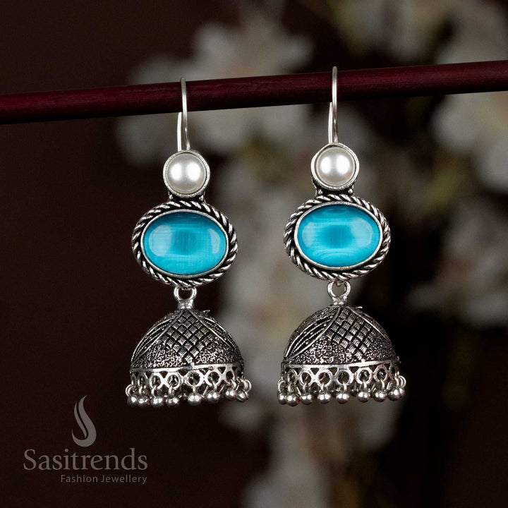 Oxidised Silver Jhumka Earrings Featuring Sky Blue Oval Stone And Dangling Pearls, Bringing A Cool, Airy Vibe To Your Ensemble – Sasitrends