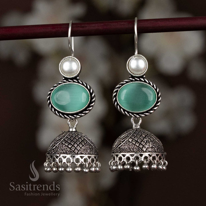 Oxidised Silver Jhumka Earrings With Refreshing Mint Oval Stone And Sleek Pearl Drop Hangings, Giving A Light And Breezy Finish To Any Outfit – Sasitrends